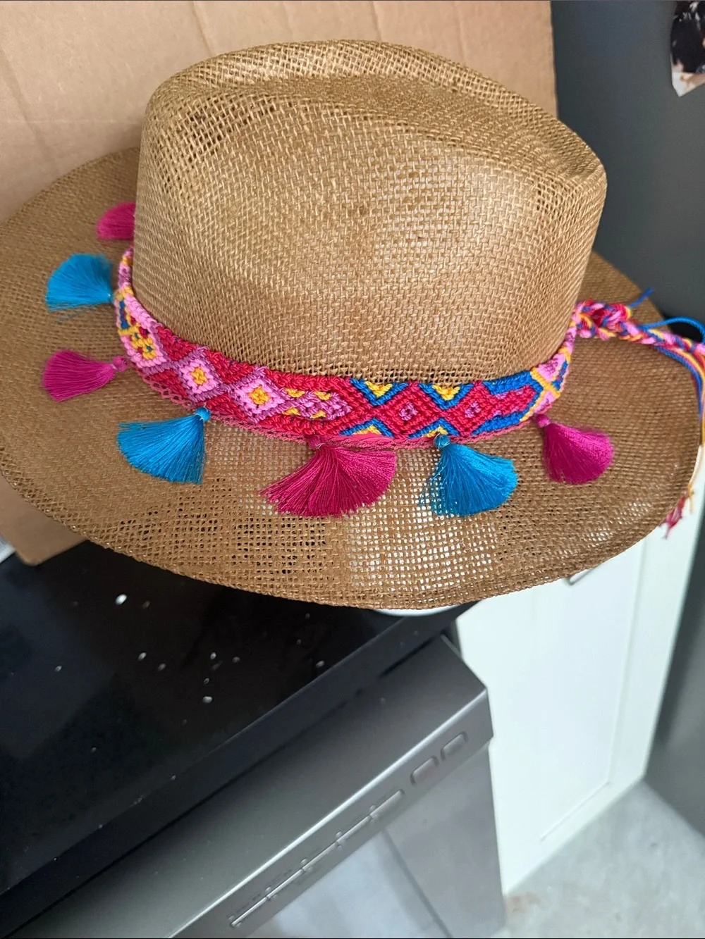 Straw Fedora with Pink & Blue Tassel Band